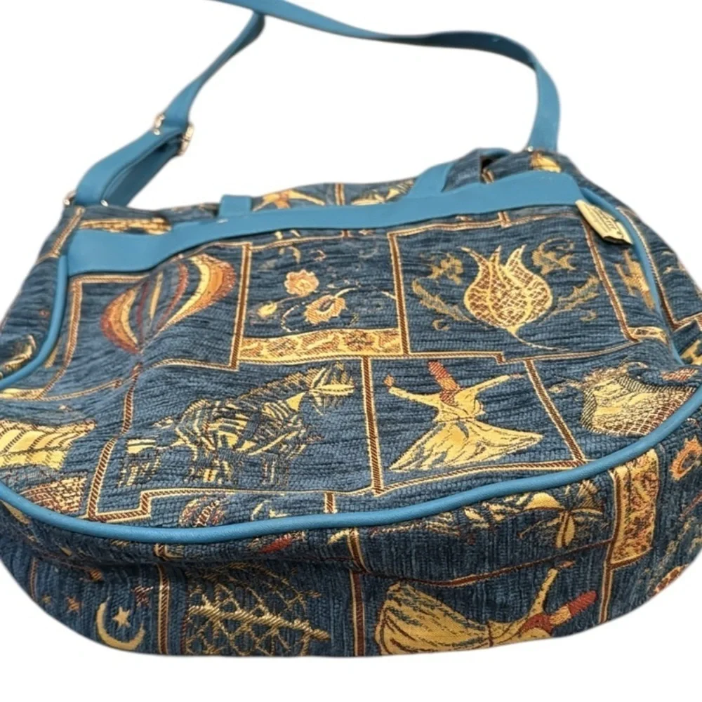 Motif Turkish Blue Tapestry & Vegan Leather Satchel Crossbody Bag